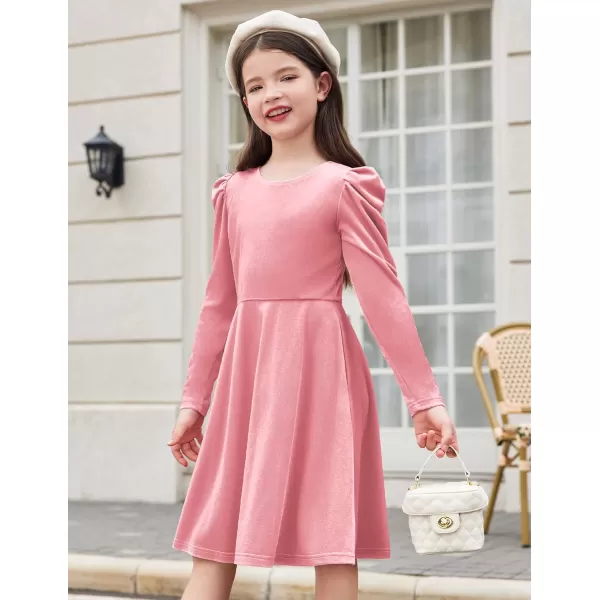 Arshiner Girls Dresses Long Sleeve Crew Neck Bow Back Velvet Formal Party Dresses with Pockets