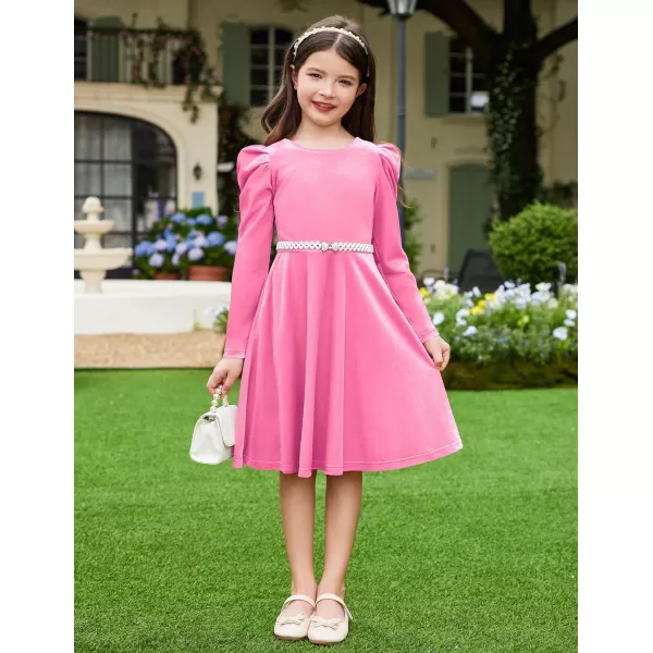 Arshiner Girls Dresses Long Sleeve Crew Neck Bow Back Velvet Formal Party Dresses with Pockets
