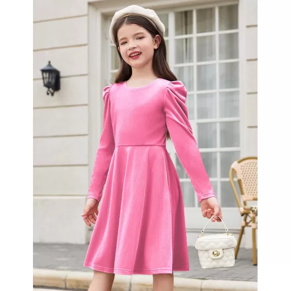 Arshiner Girls Dresses Long Sleeve Crew Neck Bow Back Velvet Formal Party Dresses with Pockets