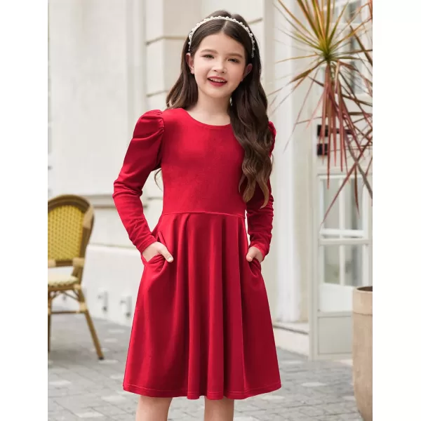 Arshiner Girls Dresses Long Sleeve Crew Neck Bow Back Velvet Formal Party Dresses with Pockets