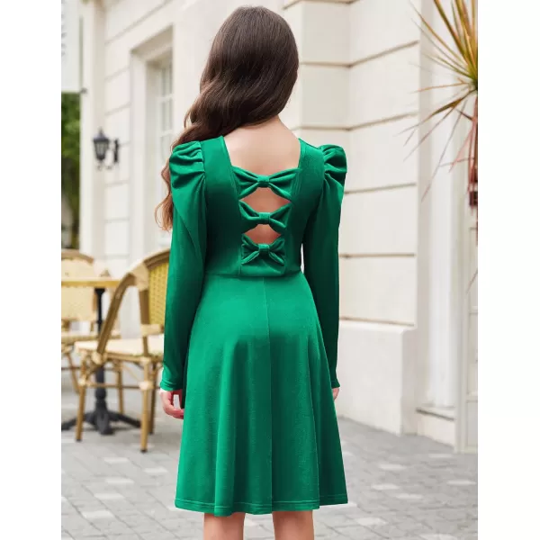Arshiner Girls Dresses Long Sleeve Crew Neck Bow Back Velvet Formal Party Dresses with Pockets