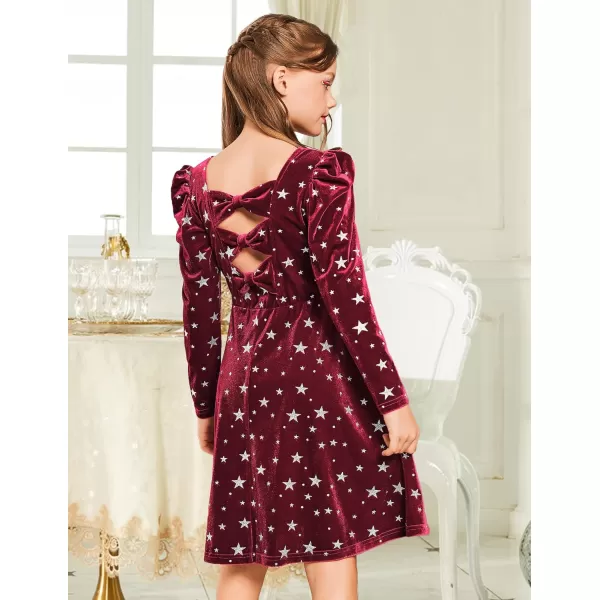 Arshiner Girls Dresses Long Sleeve Crew Neck Bow Back Velvet Formal Party Dresses with Pockets)