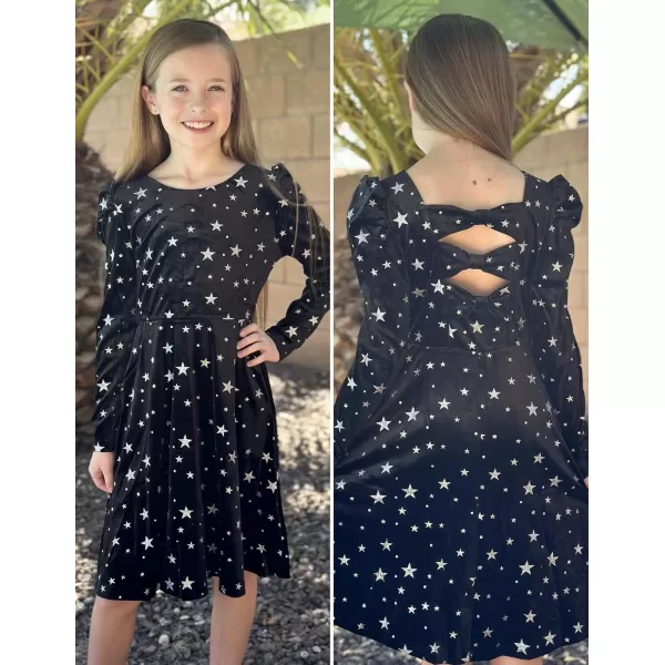 Arshiner Girls Dresses Long Sleeve Crew Neck Bow Back Velvet Formal Party Dresses with Pockets)