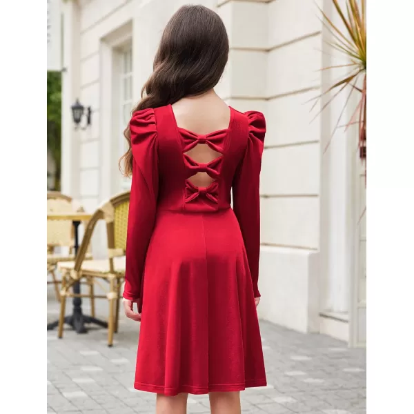 Arshiner Girls Dresses Long Sleeve Crew Neck Bow Back Velvet Formal Party Dresses with Pockets