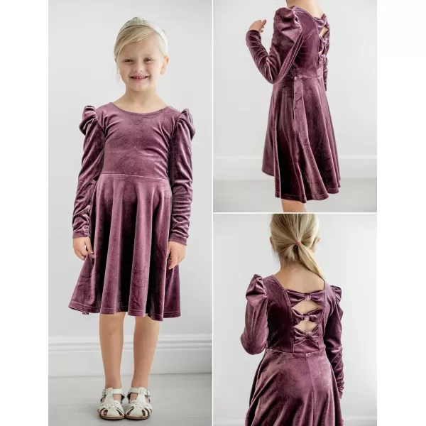 Arshiner Girls Dresses Long Sleeve Crew Neck Bow Back Velvet Formal Party Dresses with Pockets