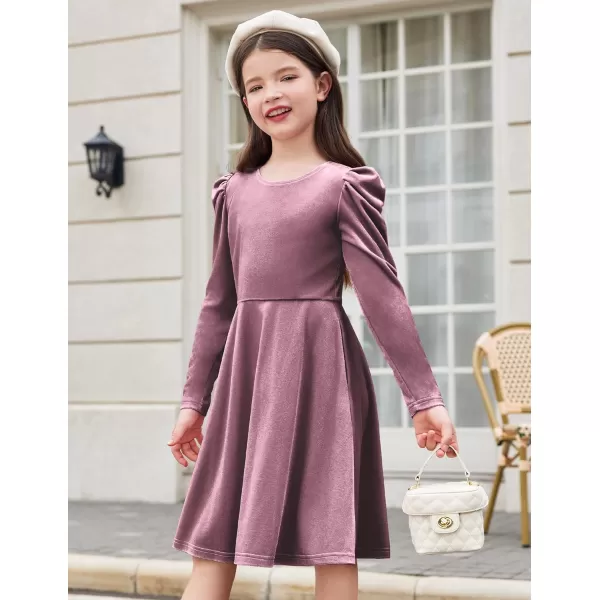 Arshiner Girls Dresses Long Sleeve Crew Neck Bow Back Velvet Formal Party Dresses with Pockets