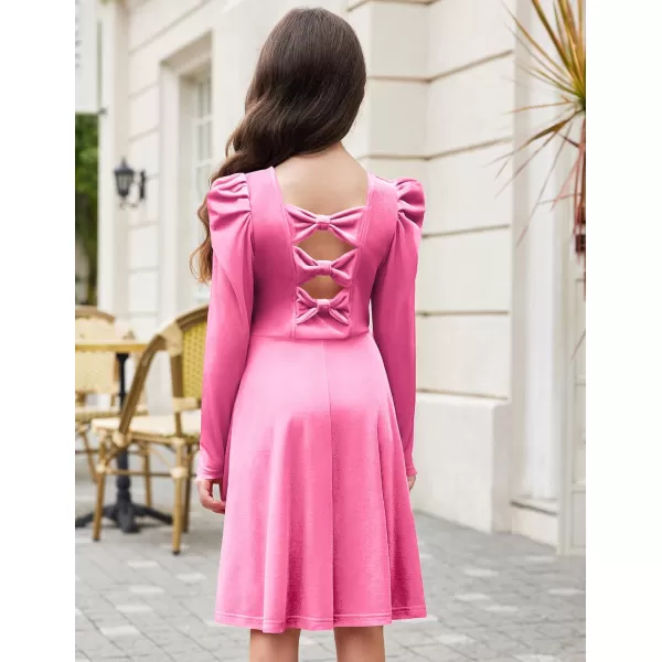 Arshiner Girls Dresses Long Sleeve Crew Neck Bow Back Velvet Formal Party Dresses with Pockets