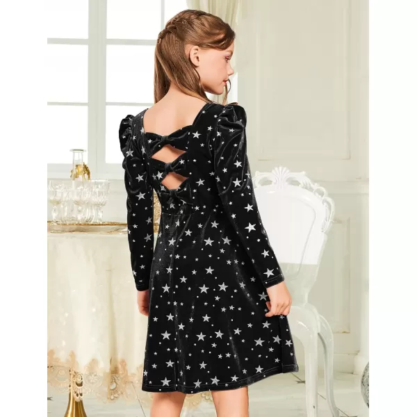Arshiner Girls Dresses Long Sleeve Crew Neck Bow Back Velvet Formal Party Dresses with Pockets)