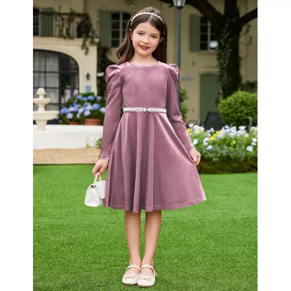 Arshiner Girls Dresses Long Sleeve Crew Neck Bow Back Velvet Formal Party Dresses with Pockets