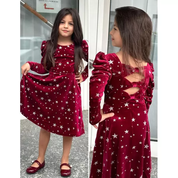 Arshiner Girls Dresses Long Sleeve Crew Neck Bow Back Velvet Formal Party Dresses with Pockets)