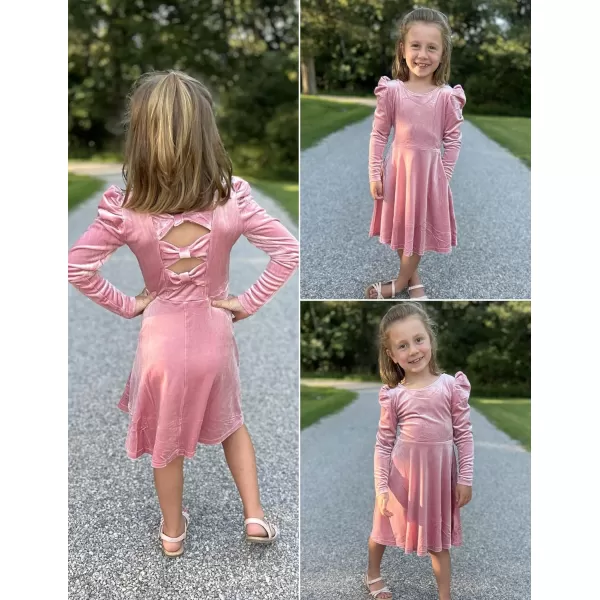 Arshiner Girls Dresses Long Sleeve Crew Neck Bow Back Velvet Formal Party Dresses with Pockets