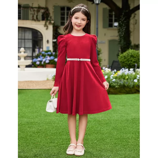 Arshiner Girls Dresses Long Sleeve Crew Neck Bow Back Velvet Formal Party Dresses with Pockets