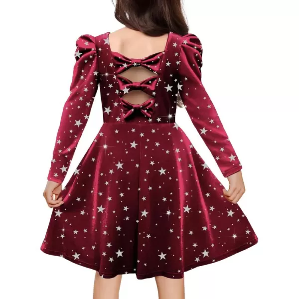 Arshiner Girls Dresses Long Sleeve Crew Neck Bow Back Velvet Formal Party Dresses with Pockets)