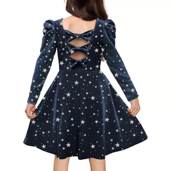 Arshiner Girls Dresses Long Sleeve Crew Neck Bow Back Velvet Formal Party Dresses with Pockets)