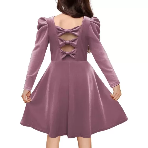 Arshiner Girls Dresses Long Sleeve Crew Neck Bow Back Velvet Formal Party Dresses with Pockets
