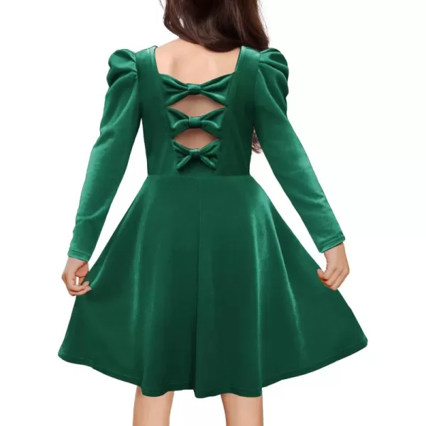 Arshiner Girls Dresses Long Sleeve Crew Neck Bow Back Velvet Formal Party Dresses with Pockets