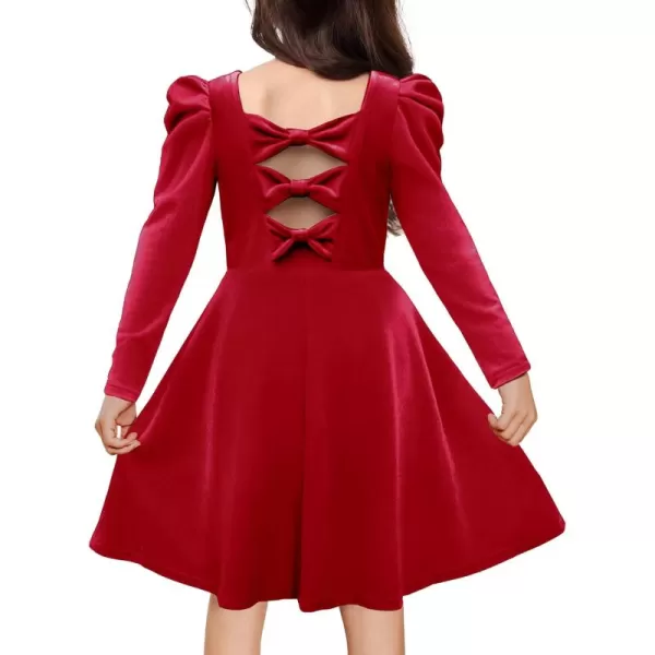Arshiner Girls Dresses Long Sleeve Crew Neck Bow Back Velvet Formal Party Dresses with Pockets