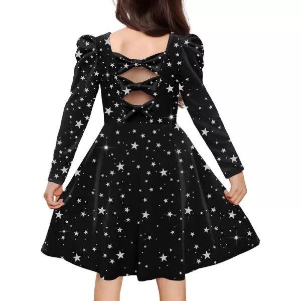 Arshiner Girls Dresses Long Sleeve Crew Neck Bow Back Velvet Formal Party Dresses with Pockets)