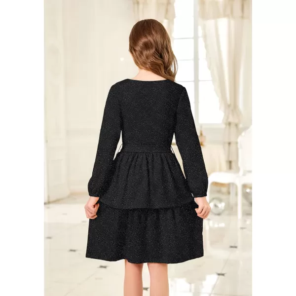 Arshiner Girls Dress Fall Sparkly Glitter Puff Sleeves Layer Party Dresses with Belt