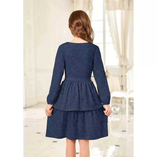 Arshiner Girls Dress Fall Sparkly Glitter Puff Sleeves Layer Party Dresses with Belt