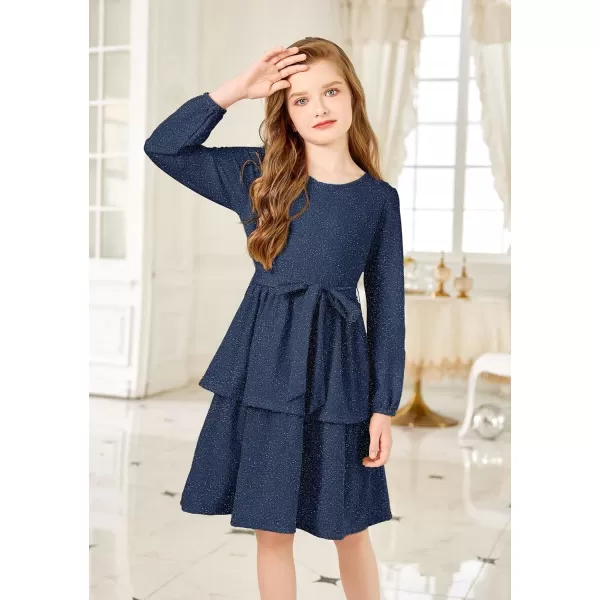 Arshiner Girls Dress Fall Sparkly Glitter Puff Sleeves Layer Party Dresses with Belt