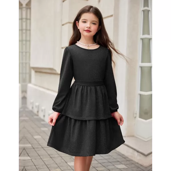 Arshiner Girls Dress Fall Sparkly Glitter Puff Sleeves Layer Party Dresses with Belt