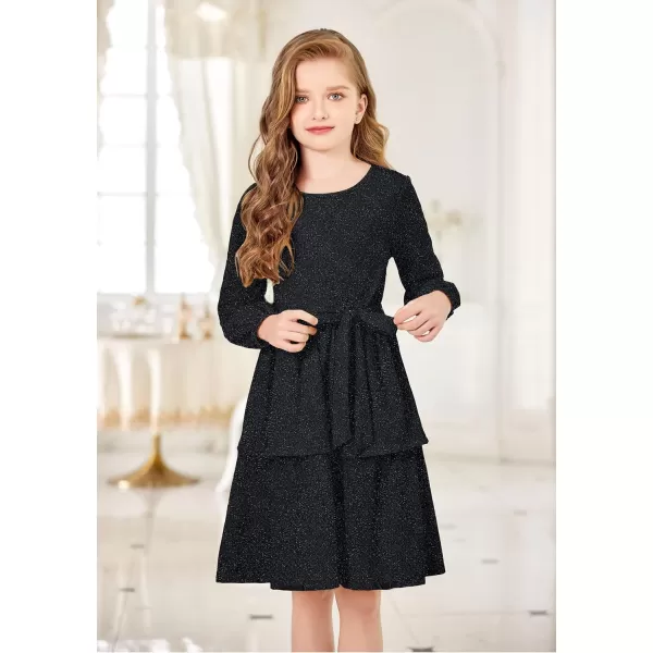 Arshiner Girls Dress Fall Sparkly Glitter Puff Sleeves Layer Party Dresses with Belt