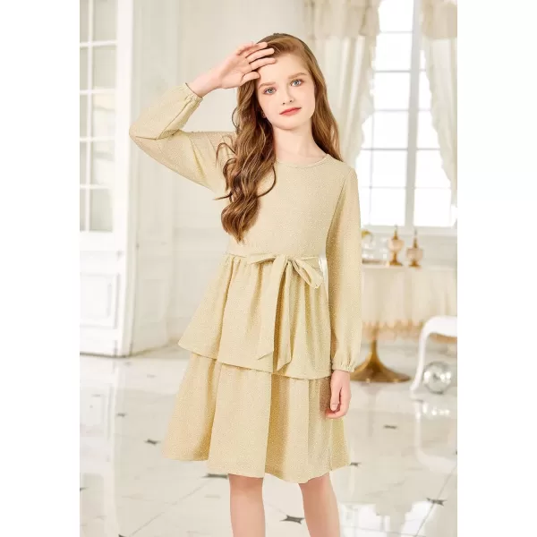 Arshiner Girls Dress Fall Sparkly Glitter Puff Sleeves Layer Party Dresses with Belt