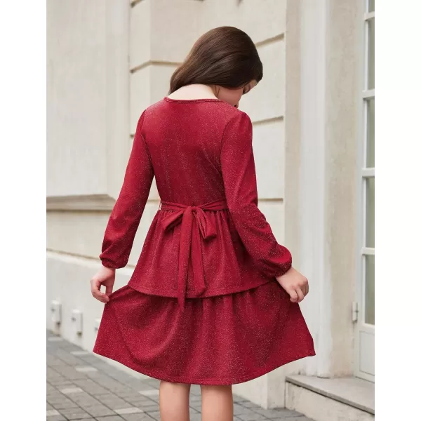 Arshiner Girls Dress Fall Sparkly Glitter Puff Sleeves Layer Party Dresses with Belt
