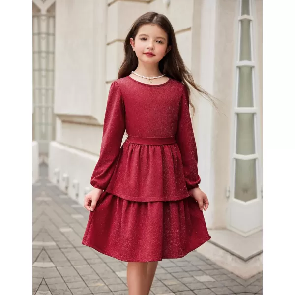 Arshiner Girls Dress Fall Sparkly Glitter Puff Sleeves Layer Party Dresses with Belt