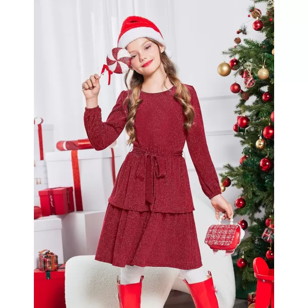 Arshiner Girls Dress Fall Sparkly Glitter Puff Sleeves Layer Party Dresses with Belt