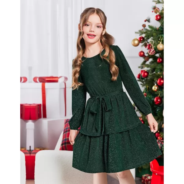 Arshiner Girls Dress Fall Sparkly Glitter Puff Sleeves Layer Party Dresses with Belt