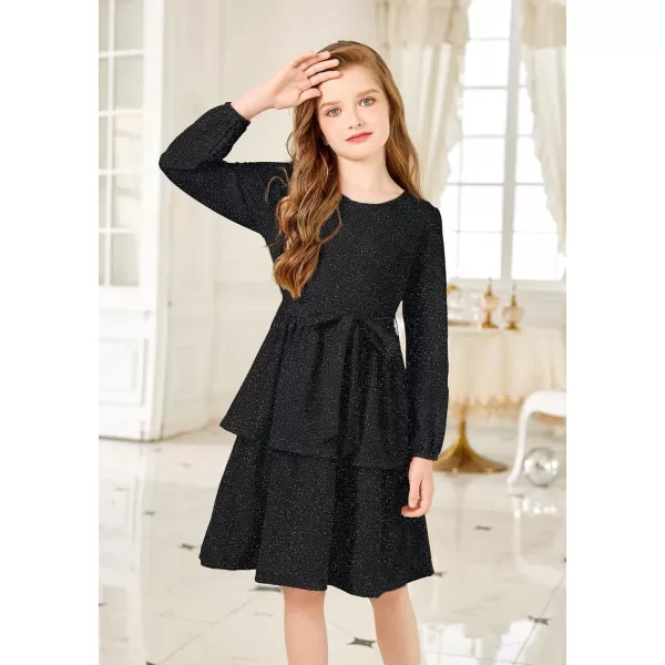 Arshiner Girls Dress Fall Sparkly Glitter Puff Sleeves Layer Party Dresses with Belt