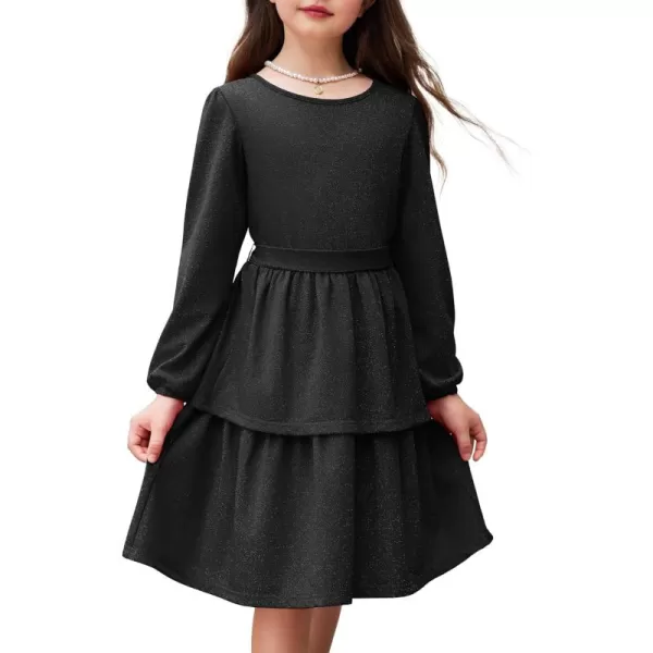 Arshiner Girls Dress Fall Sparkly Glitter Puff Sleeves Layer Party Dresses with Belt