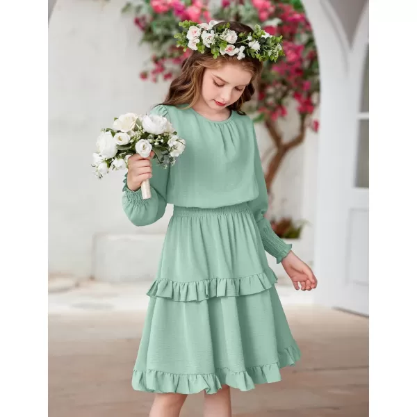 Arshiner Girls Long Sleeve Dress Boho Tiered Ruffle Hem Elegant Smocked Waist Midi Dress