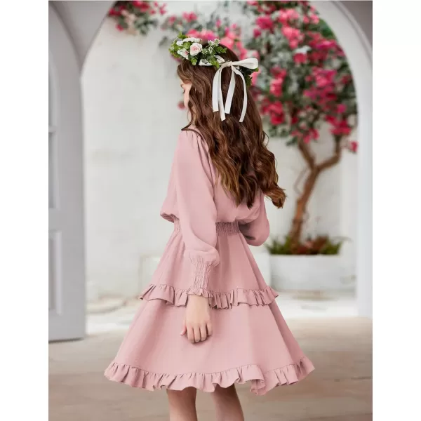 Arshiner Girls Long Sleeve Dress Boho Tiered Ruffle Hem Elegant Smocked Waist Midi Dress