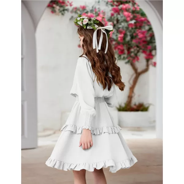 Arshiner Girls Long Sleeve Dress Boho Tiered Ruffle Hem Elegant Smocked Waist Midi Dress