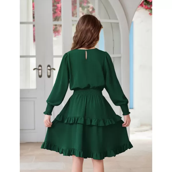 Arshiner Girls Long Sleeve Dress Boho Tiered Ruffle Hem Elegant Smocked Waist Midi Dress