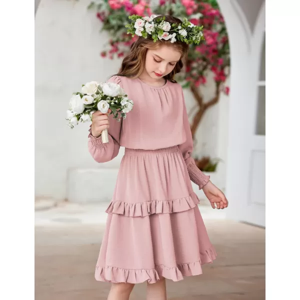 Arshiner Girls Long Sleeve Dress Boho Tiered Ruffle Hem Elegant Smocked Waist Midi Dress