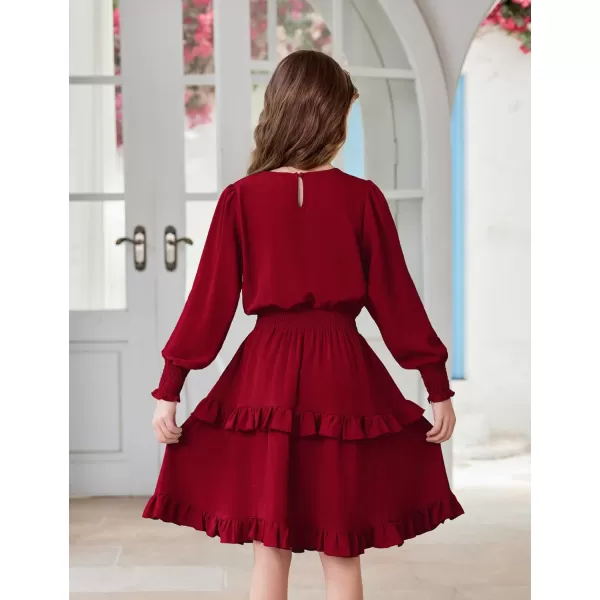 Arshiner Girls Long Sleeve Dress Boho Tiered Ruffle Hem Elegant Smocked Waist Midi Dress