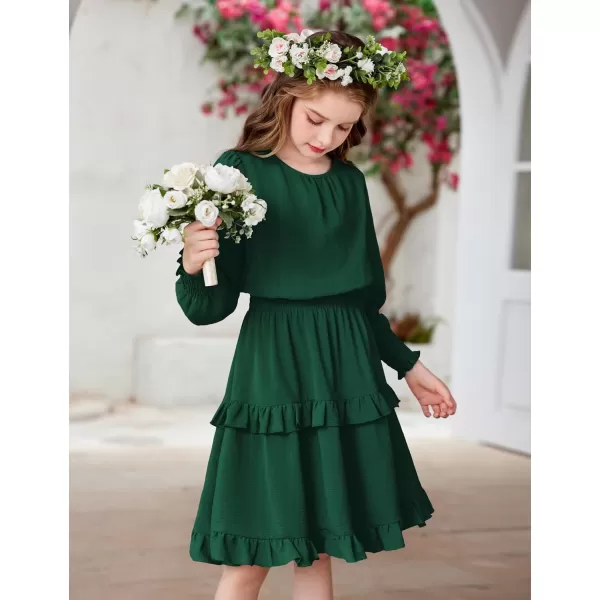 Arshiner Girls Long Sleeve Dress Boho Tiered Ruffle Hem Elegant Smocked Waist Midi Dress