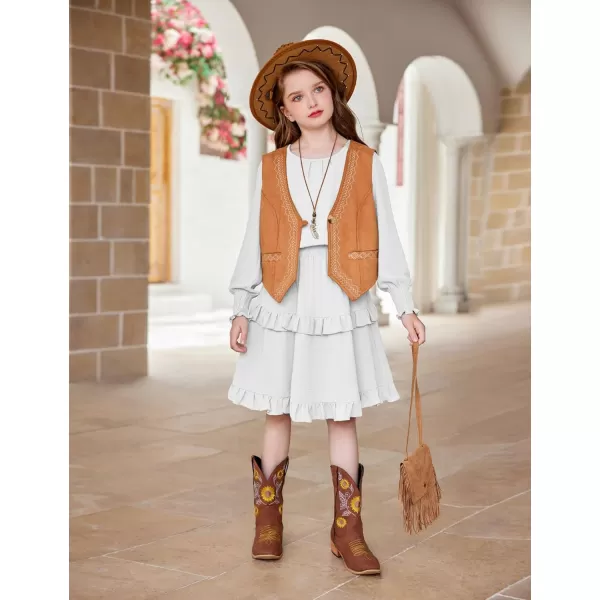 Arshiner Girls Long Sleeve Dress Boho Tiered Ruffle Hem Elegant Smocked Waist Midi Dress