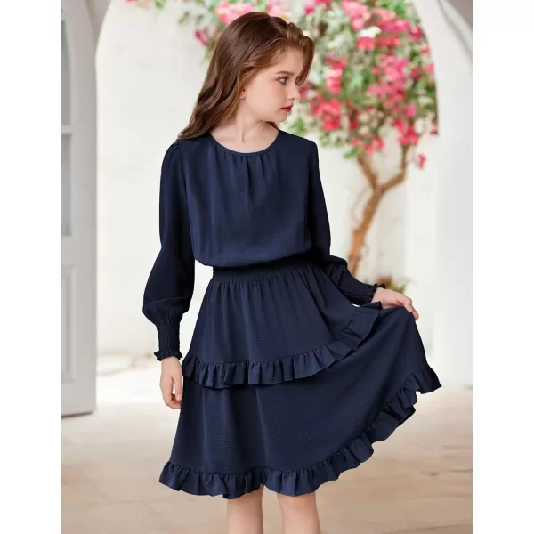 Arshiner Girls Long Sleeve Dress Boho Tiered Ruffle Hem Elegant Smocked Waist Midi Dress