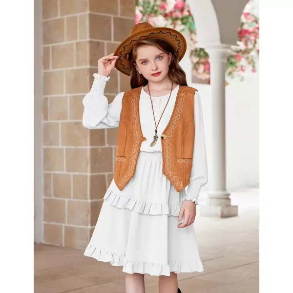 Arshiner Girls Long Sleeve Dress Boho Tiered Ruffle Hem Elegant Smocked Waist Midi Dress