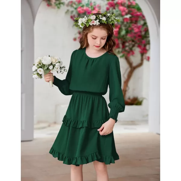 Arshiner Girls Long Sleeve Dress Boho Tiered Ruffle Hem Elegant Smocked Waist Midi Dress