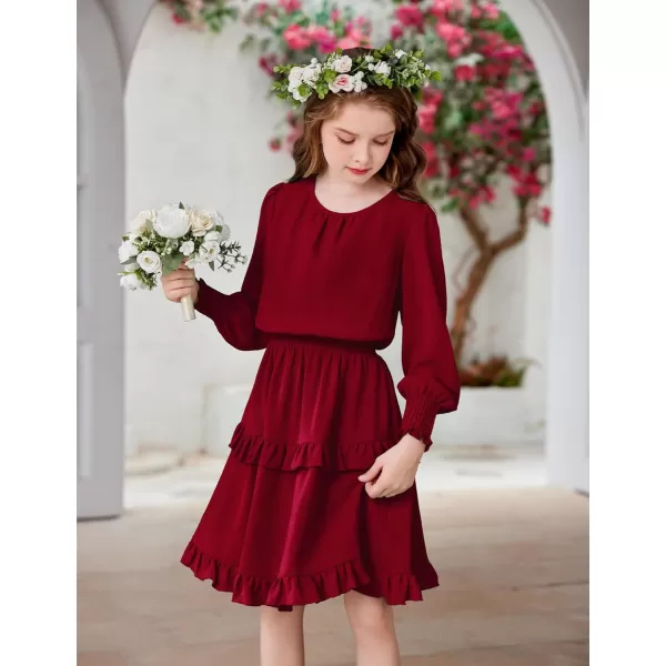 Arshiner Girls Long Sleeve Dress Boho Tiered Ruffle Hem Elegant Smocked Waist Midi Dress