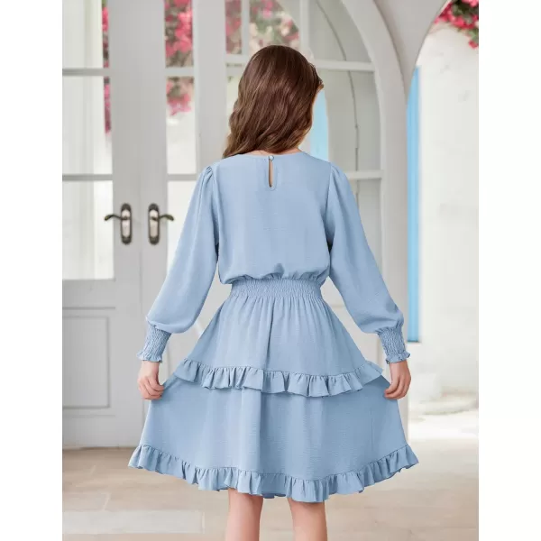 Arshiner Girls Long Sleeve Dress Boho Tiered Ruffle Hem Elegant Smocked Waist Midi Dress