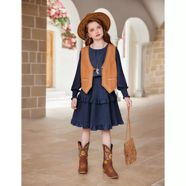 Arshiner Girls Long Sleeve Dress Boho Tiered Ruffle Hem Elegant Smocked Waist Midi Dress