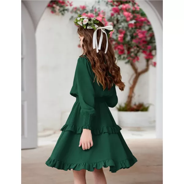 Arshiner Girls Long Sleeve Dress Boho Tiered Ruffle Hem Elegant Smocked Waist Midi Dress
