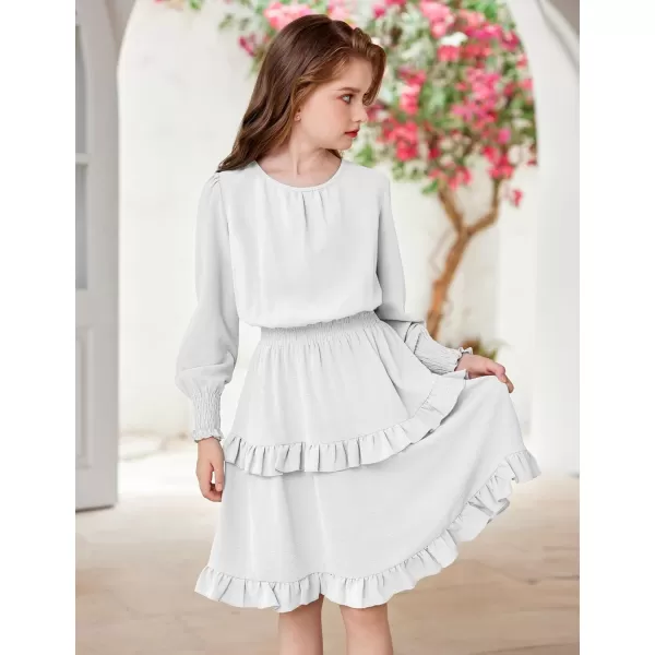 Arshiner Girls Long Sleeve Dress Boho Tiered Ruffle Hem Elegant Smocked Waist Midi Dress
